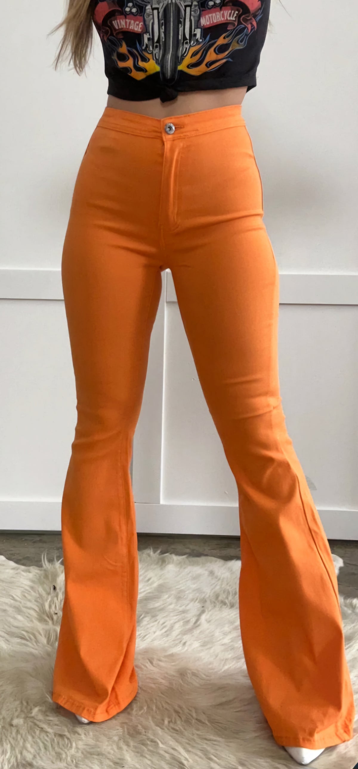 BELLA HIGH WAISTED BELL BOTTOM FLARE JEANS - ORANGE